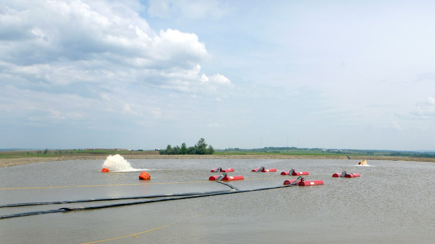 Six 58 HP submersible pumps (in floats)